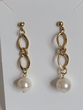Vintage Gold Tone Boho Pearl Drop Chain Link Ball Stud Drop Dangle Earrings